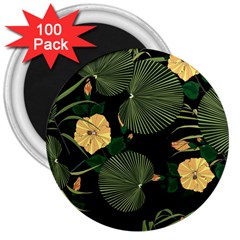 Tropical vintage yellow hibiscus floral green leaves seamless pattern black background. 3  Magnets (100 pack)