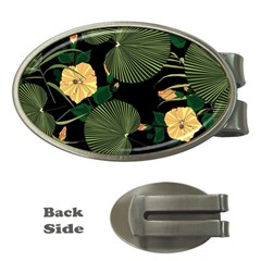 Tropical vintage yellow hibiscus floral green leaves seamless pattern black background. Money Clips (Oval) 