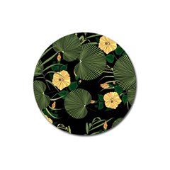 Tropical Vintage Yellow Hibiscus Floral Green Leaves Seamless Pattern Black Background  Magnet 3  (round) by Sobalvarro