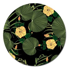 Tropical vintage yellow hibiscus floral green leaves seamless pattern black background. Magnet 5  (Round)