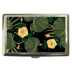 Tropical Vintage Yellow Hibiscus Floral Green Leaves Seamless Pattern Black Background  Cigarette Money Case by Sobalvarro