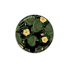 Tropical Vintage Yellow Hibiscus Floral Green Leaves Seamless Pattern Black Background  Hat Clip Ball Marker by Sobalvarro