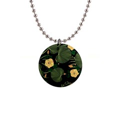 Tropical vintage yellow hibiscus floral green leaves seamless pattern black background. 1  Button Necklace