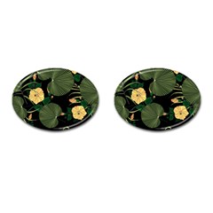 Tropical vintage yellow hibiscus floral green leaves seamless pattern black background. Cufflinks (Oval)