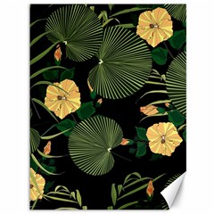 Tropical Vintage Yellow Hibiscus Floral Green Leaves Seamless Pattern Black Background  Canvas 36  X 48  by Sobalvarro