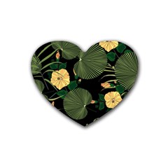 Tropical Vintage Yellow Hibiscus Floral Green Leaves Seamless Pattern Black Background  Rubber Coaster (heart)  by Sobalvarro