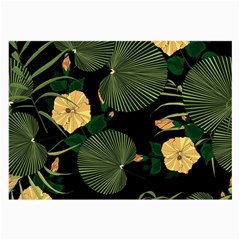Tropical Vintage Yellow Hibiscus Floral Green Leaves Seamless Pattern Black Background  Large Glasses Cloth by Sobalvarro