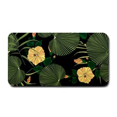 Tropical vintage yellow hibiscus floral green leaves seamless pattern black background. Medium Bar Mats