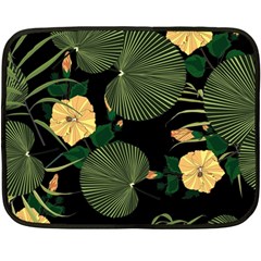 Tropical Vintage Yellow Hibiscus Floral Green Leaves Seamless Pattern Black Background  Fleece Blanket (mini) by Sobalvarro