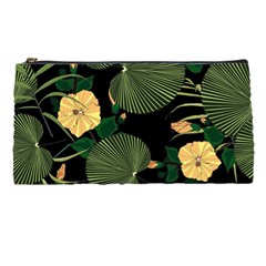 Tropical vintage yellow hibiscus floral green leaves seamless pattern black background. Pencil Case