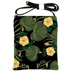 Tropical vintage yellow hibiscus floral green leaves seamless pattern black background. Shoulder Sling Bag