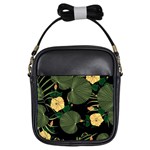 Tropical vintage yellow hibiscus floral green leaves seamless pattern black background. Girls Sling Bag Front