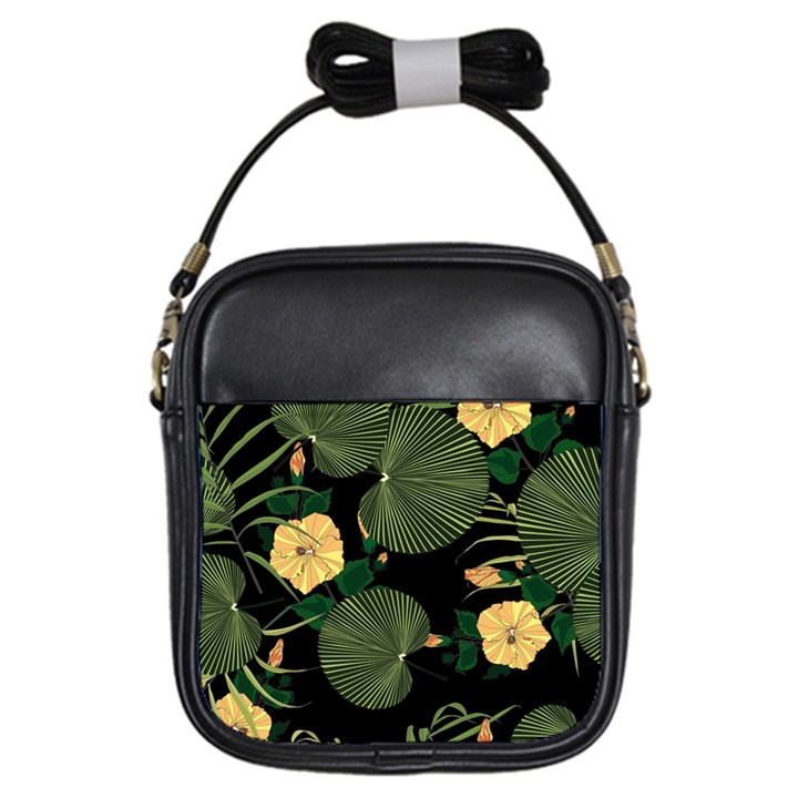 Tropical vintage yellow hibiscus floral green leaves seamless pattern black background. Girls Sling Bag