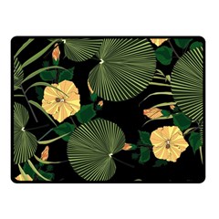 Tropical vintage yellow hibiscus floral green leaves seamless pattern black background. Fleece Blanket (Small)