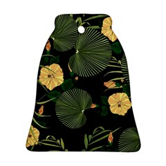 Tropical Vintage Yellow Hibiscus Floral Green Leaves Seamless Pattern Black Background  Ornament (bell) by Sobalvarro