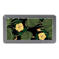 Tropical vintage yellow hibiscus floral green leaves seamless pattern black background. Memory Card Reader (Mini)