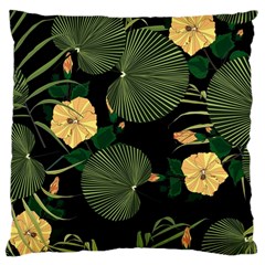 Tropical vintage yellow hibiscus floral green leaves seamless pattern black background. Large Cushion Case (One Side)