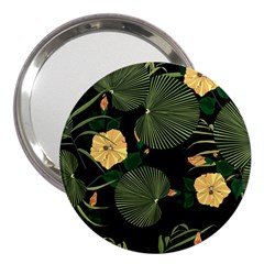Tropical vintage yellow hibiscus floral green leaves seamless pattern black background. 3  Handbag Mirrors