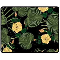 Tropical vintage yellow hibiscus floral green leaves seamless pattern black background. Double Sided Fleece Blanket (Medium) 