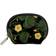 Tropical vintage yellow hibiscus floral green leaves seamless pattern black background. Accessory Pouch (Small)