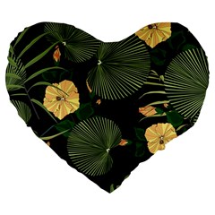 Tropical vintage yellow hibiscus floral green leaves seamless pattern black background. Large 19  Premium Flano Heart Shape Cushions