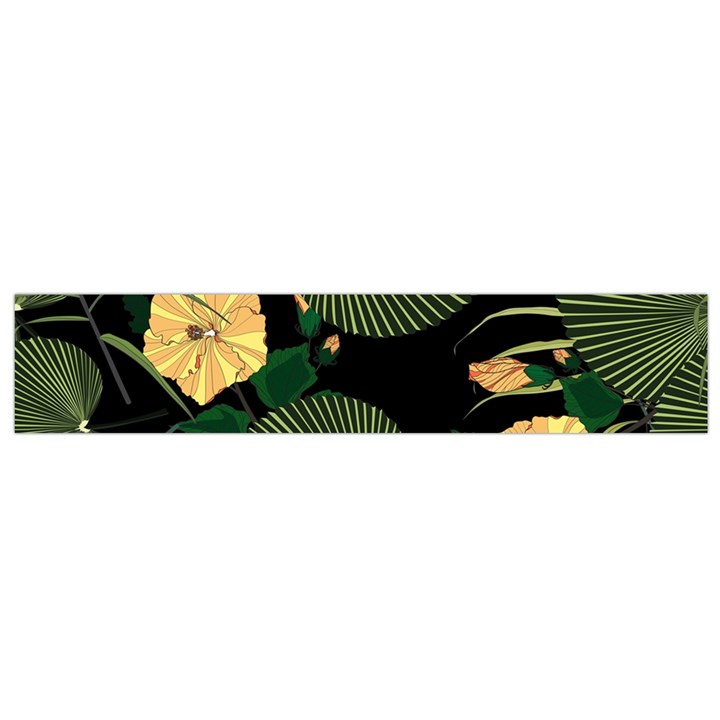 Tropical vintage yellow hibiscus floral green leaves seamless pattern black background. Small Flano Scarf