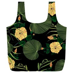 Tropical vintage yellow hibiscus floral green leaves seamless pattern black background. Full Print Recycle Bag (XXXL)