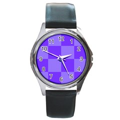 Purple Gingham Check Squares Pattern Round Metal Watch by yoursparklingshop