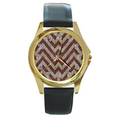 Vintage Grunge Geometric Chevron Pattern Round Gold Metal Watch