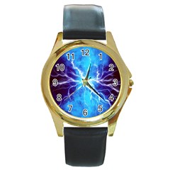 Blue Lightning Thunder At Night, Graphic Art 3 Round Gold Metal Watch by picsaspassion