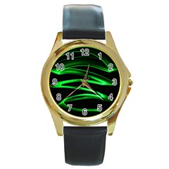 Green Light Painting Zig-zag Round Gold Metal Watch