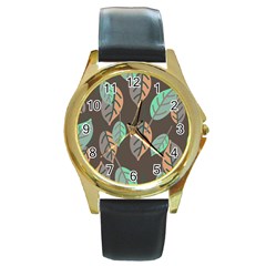 Leaf Brown Round Gold Metal Watch