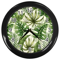 Tropical Leaves Wall Clock (black) by goljakoff