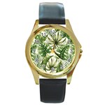 Tropical leaves Round Gold Metal Watch Front