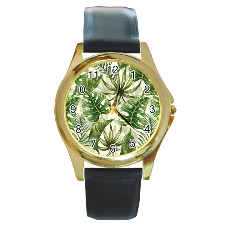 Tropical leaves Round Gold Metal Watch
