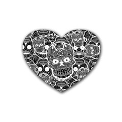 Sugar Skulls Bw Rubber Coaster (heart)  by ExtraGoodSauce