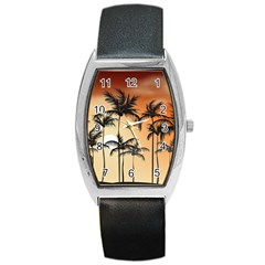 Sunset Palm Trees Beach Summer Barrel Style Metal Watch