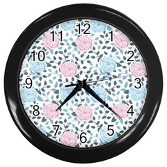 Cute Light Pink And Blue Modern Rose Pattern Wall Clock (black) by Grafftimi