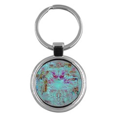 Retro Hippie Abstract Floral Blue Violet Key Chain (round) by CrypticFragmentsDesign