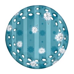 Gardenia Flowers White Blue Round Filigree Ornament (two Sides)
