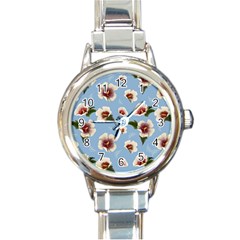 Delicate Hibiscus Flowers On A Blue Background Round Italian Charm Watch by SychEva