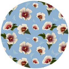 Delicate Hibiscus Flowers On A Blue Background Wooden Puzzle Round by SychEva