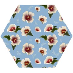 Delicate Hibiscus Flowers On A Blue Background Wooden Puzzle Hexagon by SychEva