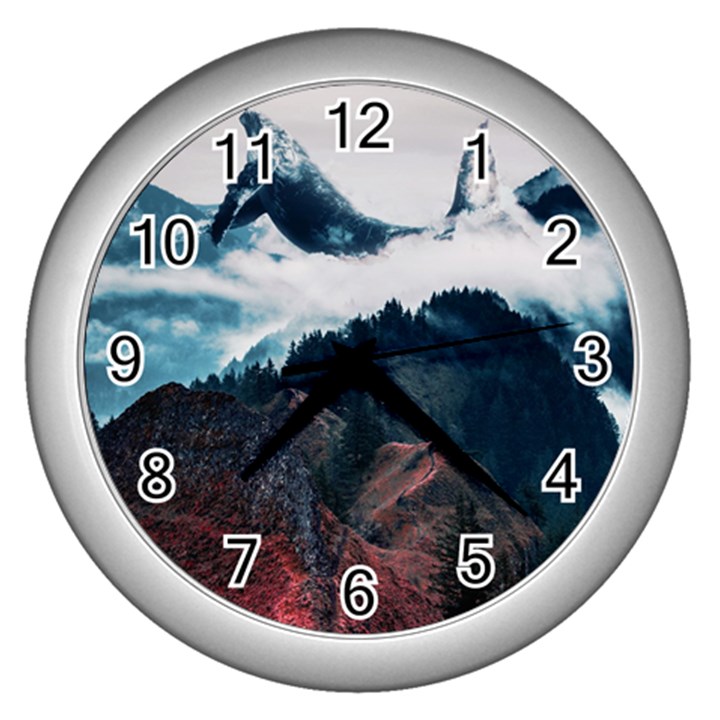 Blue whale in the clouds Wall Clock (Silver)