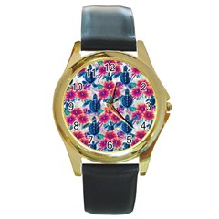 Tropical Flowers Turtles Cbdoilprincess 9a8efa63-1b6b-4226-a85c-858859e581d8 Round Gold Metal Watch by CBDOilPrincess1