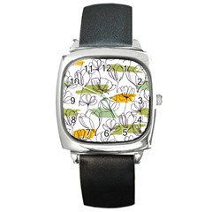 Flower Line Art Color Seamless Pattern Square Metal Watch