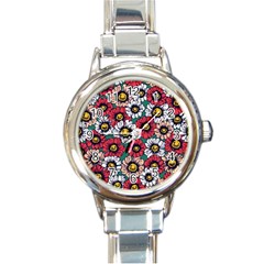 Daisy Colorfull Seamless Pattern Round Italian Charm Watch by Kizuneko