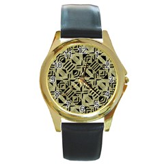 Linear Geometric Print Pattern Mosaic 2 Round Gold Metal Watch by dflcprintsclothing