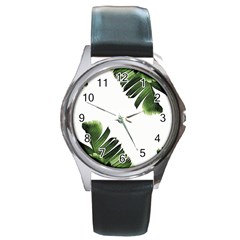 Green Banana Leaves Round Metal Watch by goljakoff