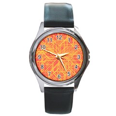 Orange/yellow Line Pattern Round Metal Watch by LyleHatchDesign